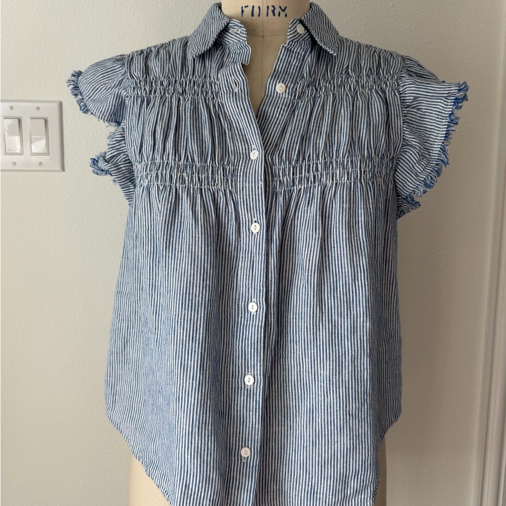 Olivaceous Blue and White Striped Smocked Button-Down Top